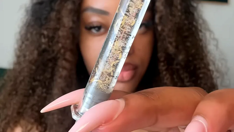 Creator with curly hair holding a clear ampoule filled with gold flakes toward the camera
