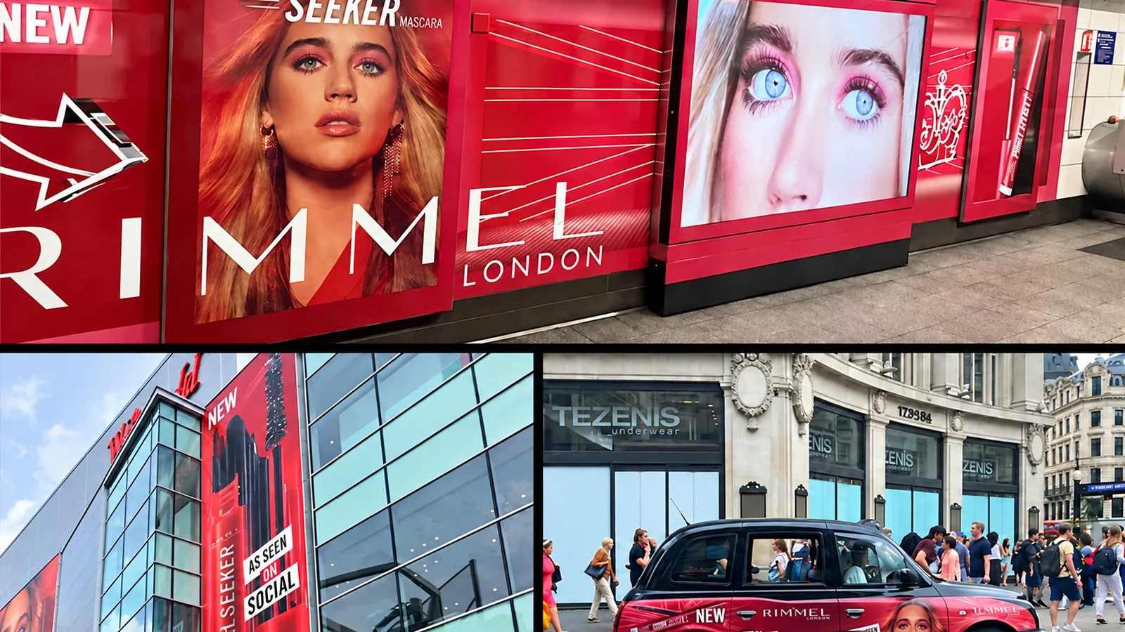 Rimmel London campaign on a shopfront and billboards