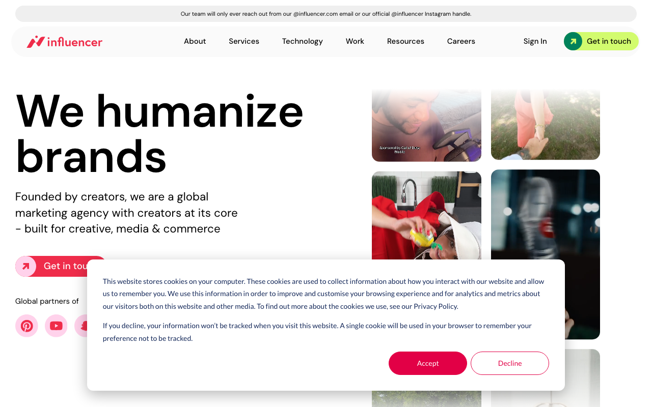 Influencer website screenshot