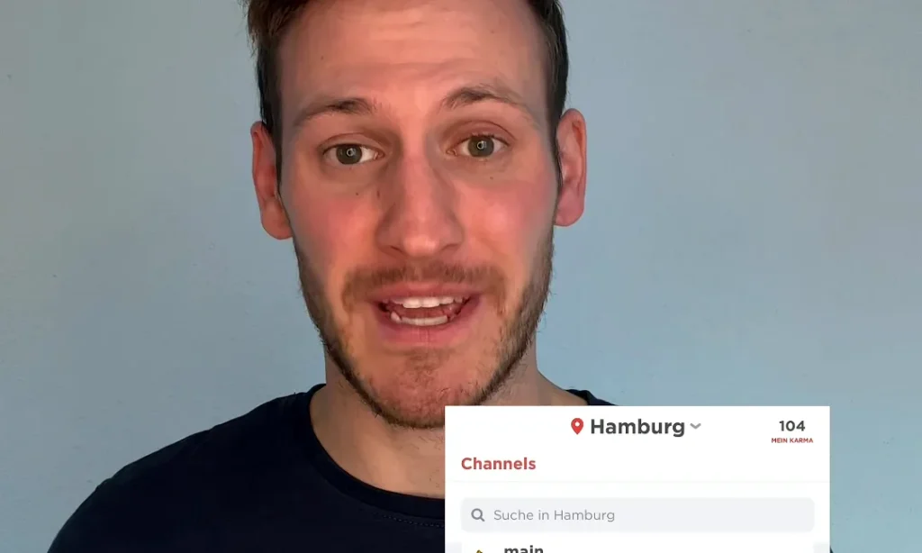 Creator talking to camera with the Jodel app’s Hamburg channels on screen