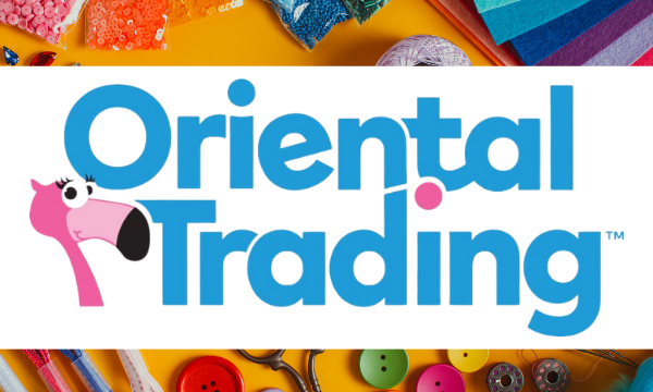 Oriental Trading logo in blue with a pink flamingo, between rows of craft supplies