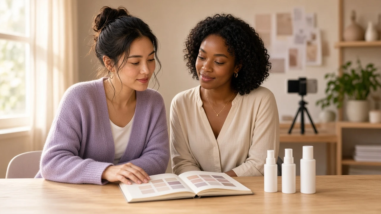 Two women at a wooden table look through a book of colour swatches, with three white skincare bottles beside them and a camera on a tripod behind.