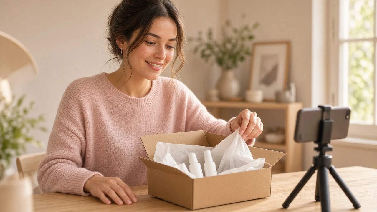 A smiling woman unpacks white skincare bottles from a cardboard box lined with tissue paper, with a phone on a tripod facing her.