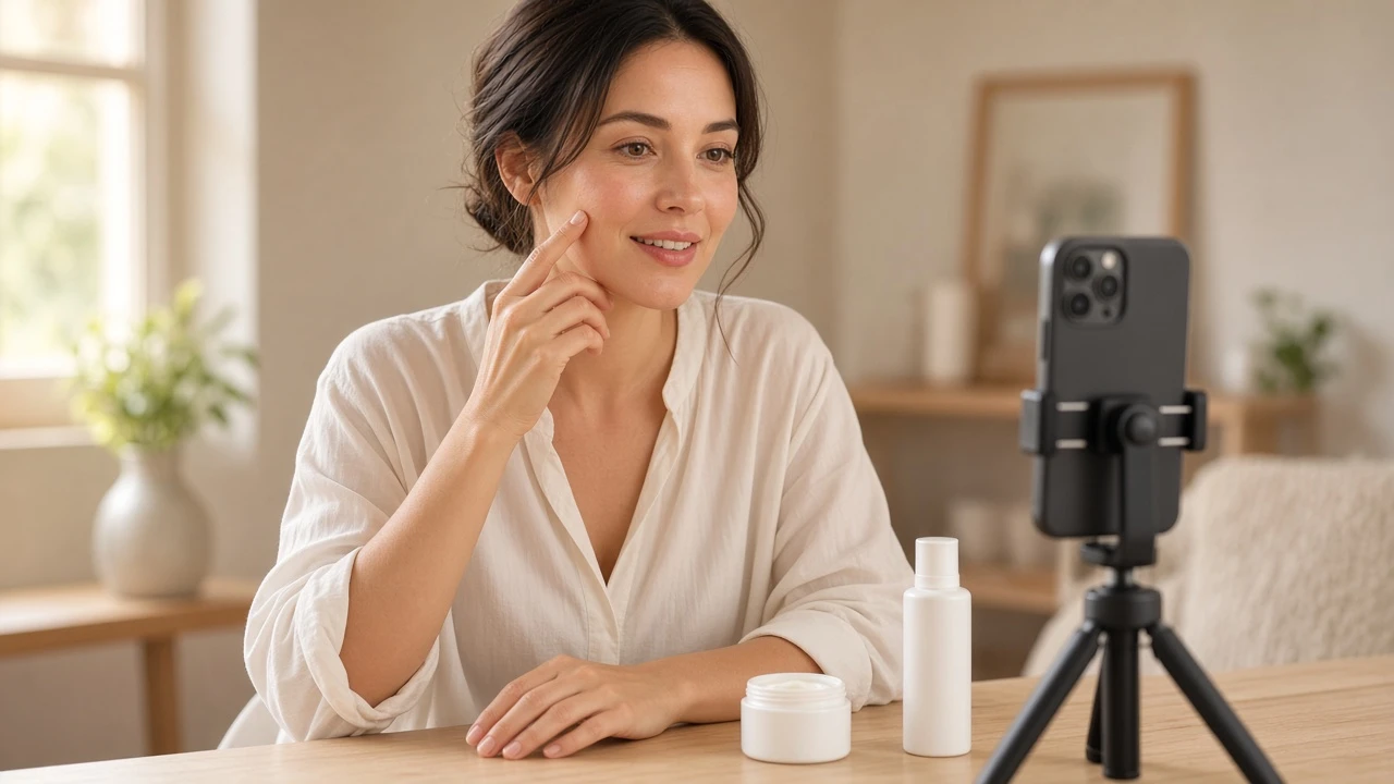 A woman touches her cheek as she talks to a phone on a tripod, with a jar of cream and a white bottle on the table in front of her.