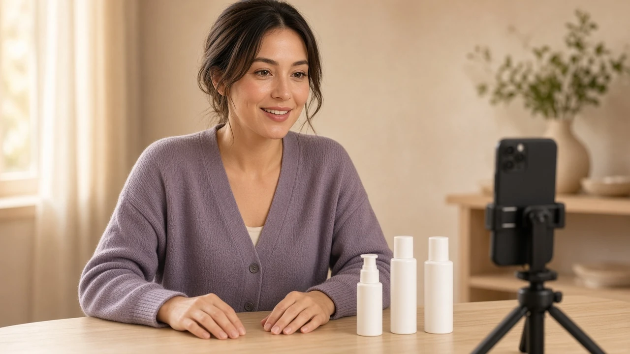 A smiling woman in a lilac cardigan sits behind three white skincare bottles, facing a phone on a tripod.
