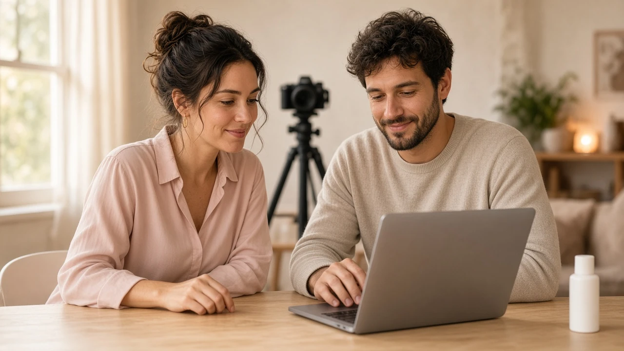 A woman and a man at a table look at a laptop together, with a camera on a tripod behind them.