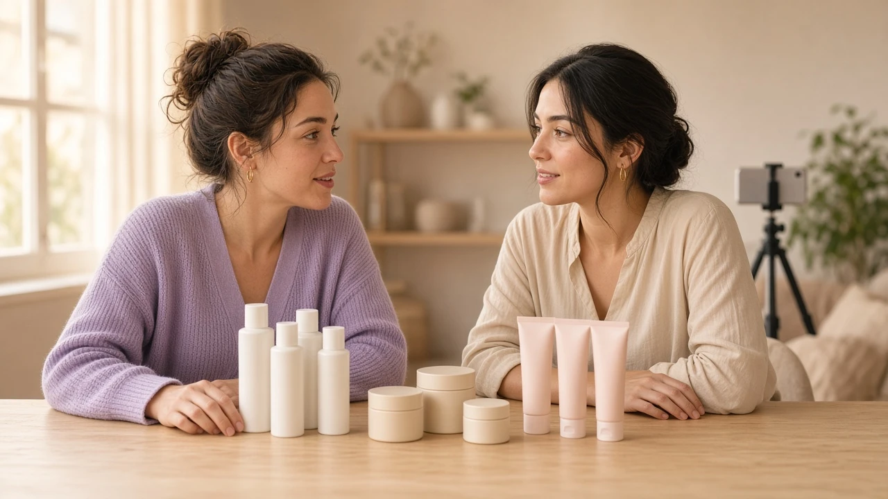 Two women talk across a table of white skincare bottles, jars and pink tubes, with a phone on a tripod in the background.