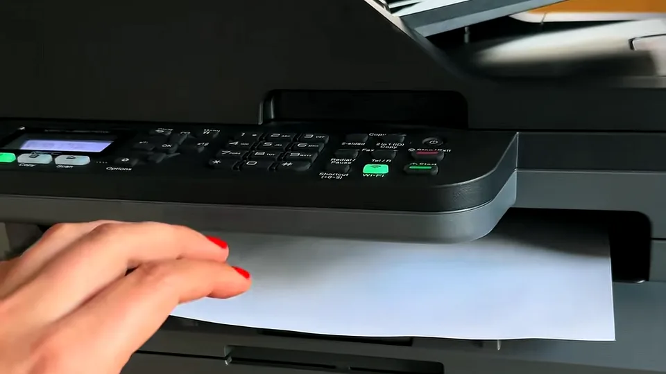 Hand with red nails sliding a sheet of paper into the tray of a dark grey office printer
